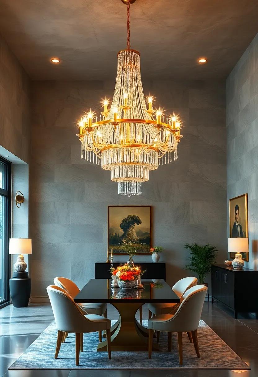 Glamorous Gatsby: A luxurious chandelier with strands of crystals and a gold frame,⁤ reminiscent‍ of the opulent Roaring Twenties