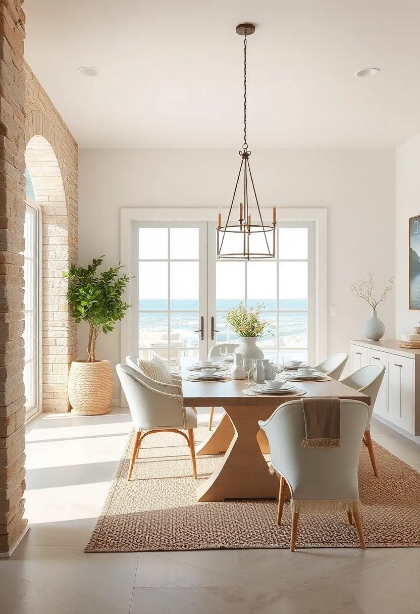 Soft Sandy Hues Blending Seamlessly with Crisp White Accents in a Bright Coastal Dining Setting