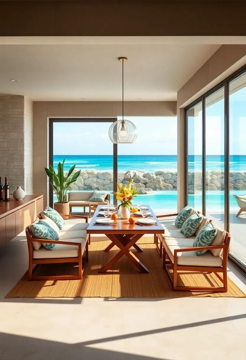 Panoramic Views of Turquoise Waves Seen Through Large Sliding Doors Connecting Indoor and Outdoor Dining