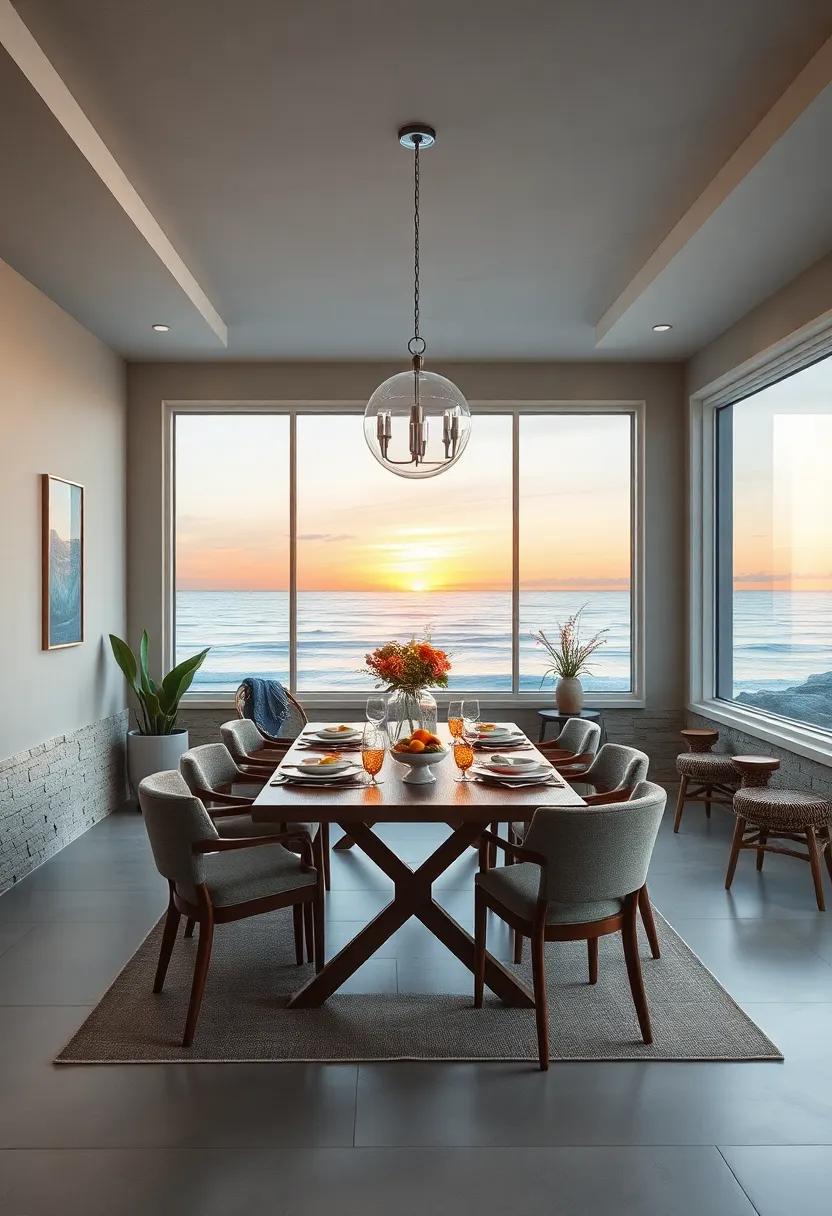 Floor-to-Ceiling Windows Framing a Sunset View Over Calm Ocean Waves Infusing Dining with Natural Serenity