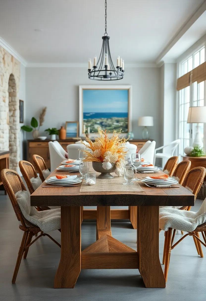 Seashell and Coral Centerpieces Arranged Elegantly on a Rustic Beachwood Table for a Nautical Feel