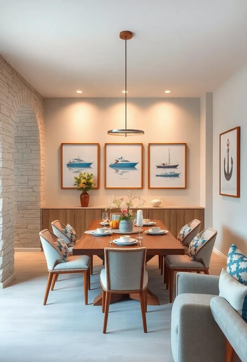 Typographic Nautical Prints Framed on Walls Adding Subtle Maritime Flair to the Dining Room Ambiance