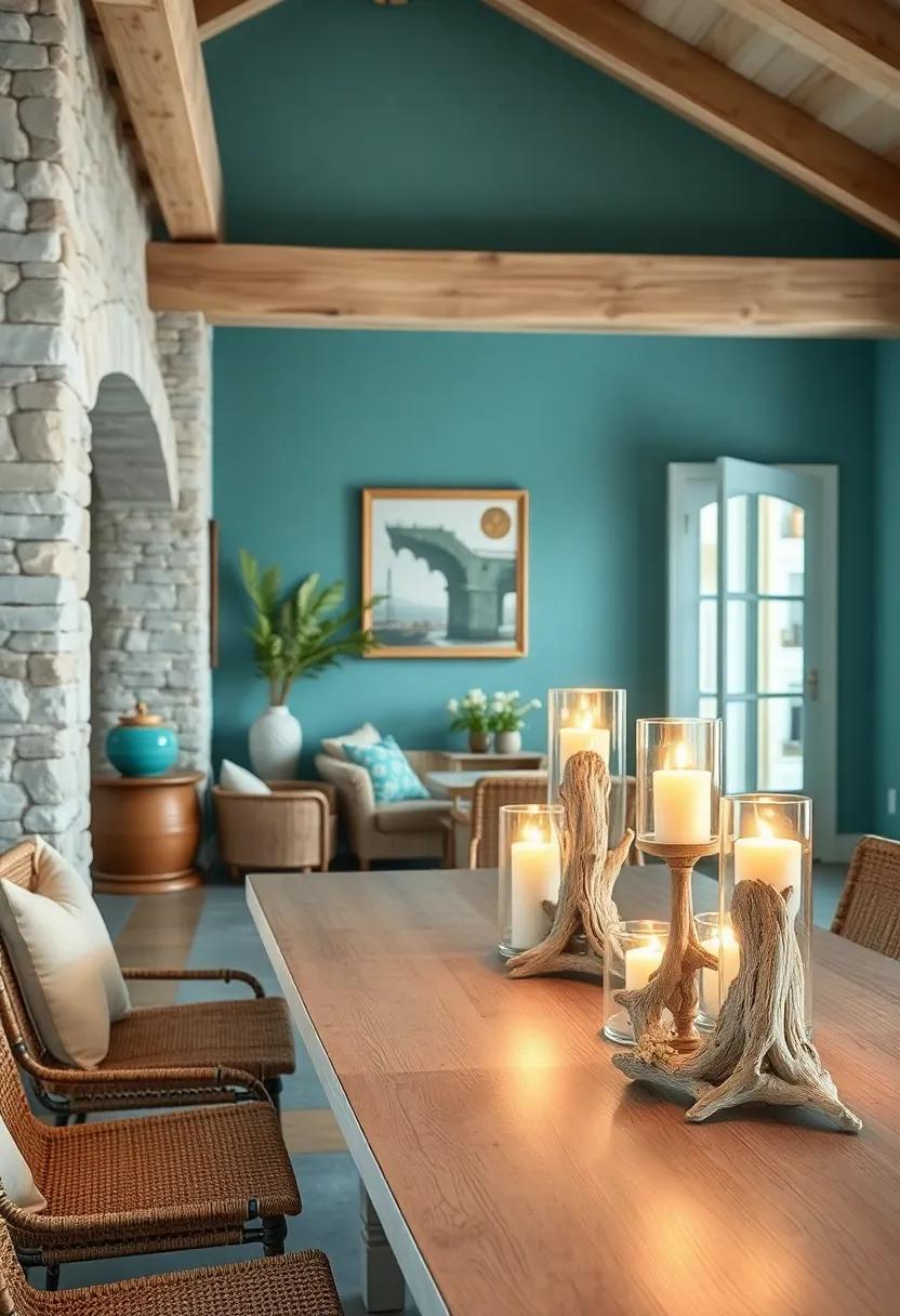Rustic Driftwood Candle Holders Flickering Warm Light Amid Cool Blues and Seafoam Greens