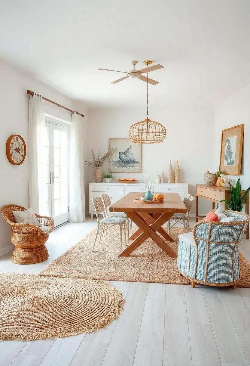 Natural Jute Rugs Layered Over Pale Wooden Floors Evoking Beachside Relaxation and Warmth