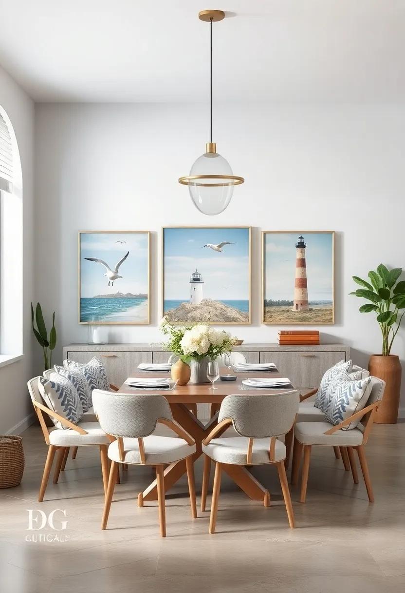 A Collection of Coastal Artwork Featuring Seagulls and Lighthouses Blooms in Soft Muted Tones