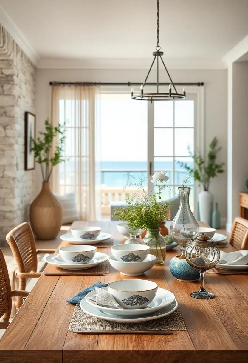 Hand-Painted Ceramic Dishes with Ocean Motifs Arranged for a Dynamic and Thematic Table Setting