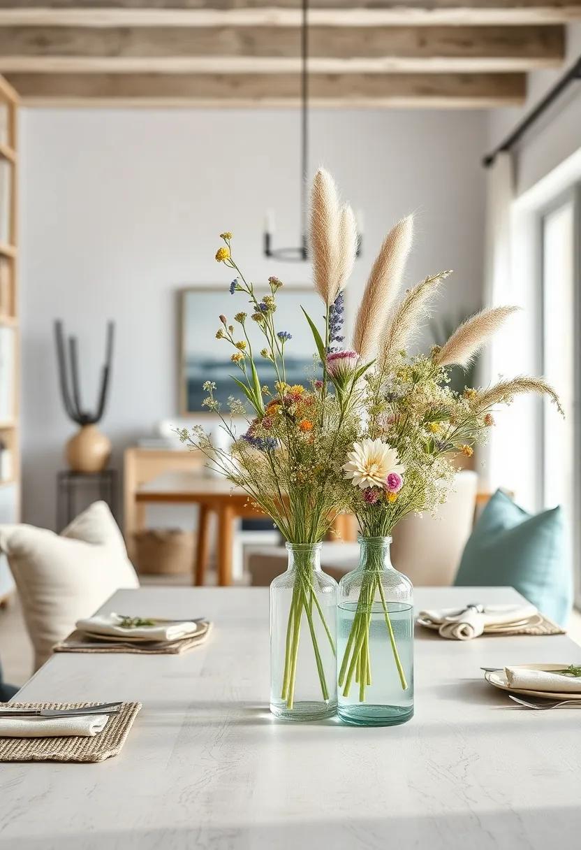 Glass Vases Filled with Fresh Wildflowers and Sea Grasses as Delicate Beach-Inspired Table Decorations