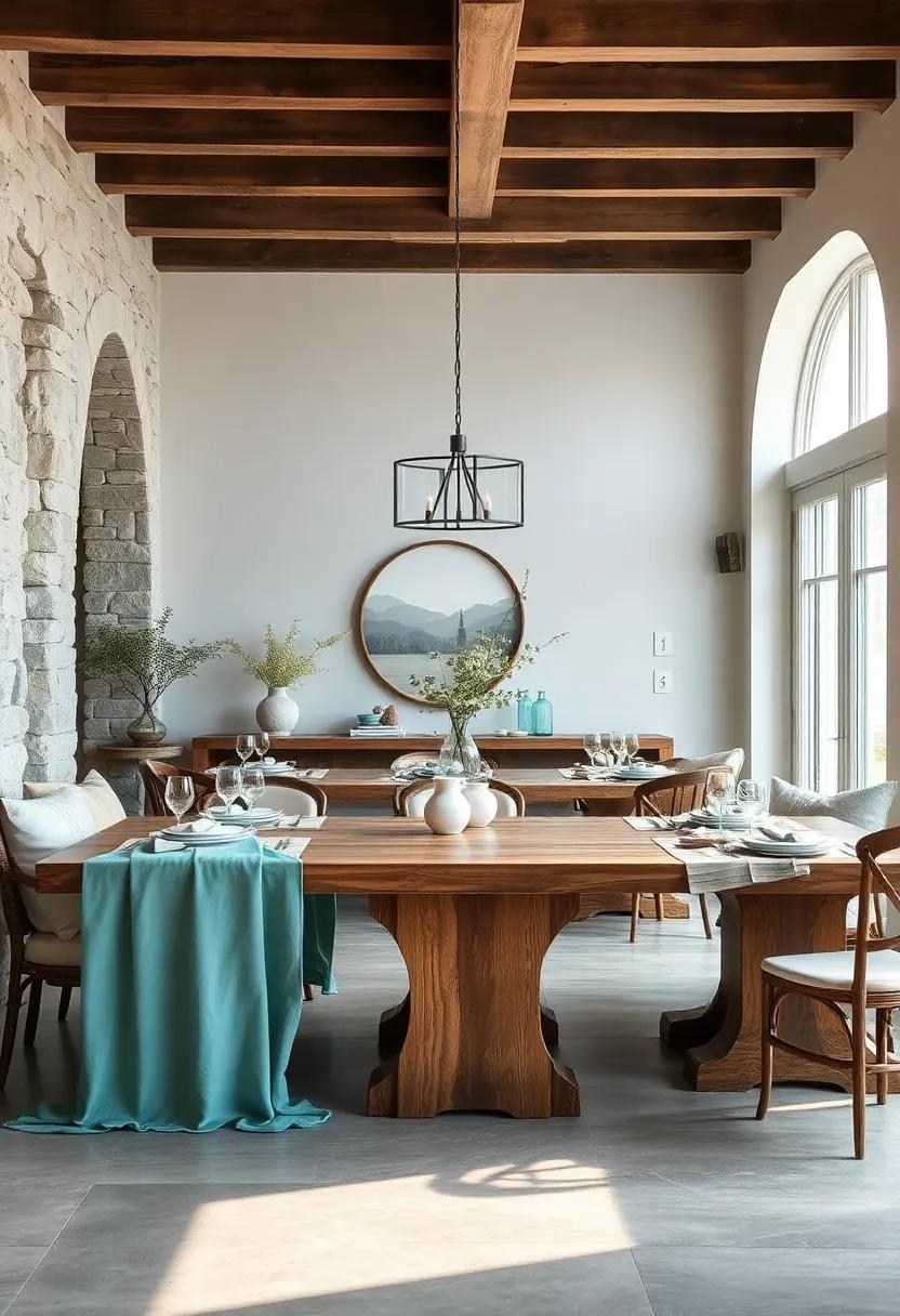 Soft Linen Tablecloths in Ocean Teal and Sandy Beige Draped Over Weathered Wood Tables for Textural Contrast