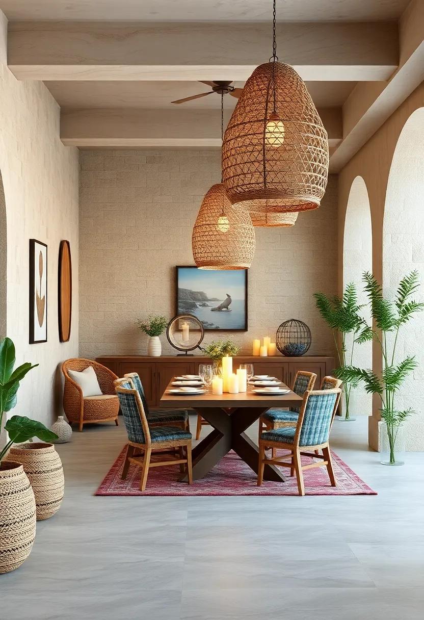 Woven Basket Lanterns Hanging Low with Soft Glowing Candles Lending Airy Warmth to Evening Meals