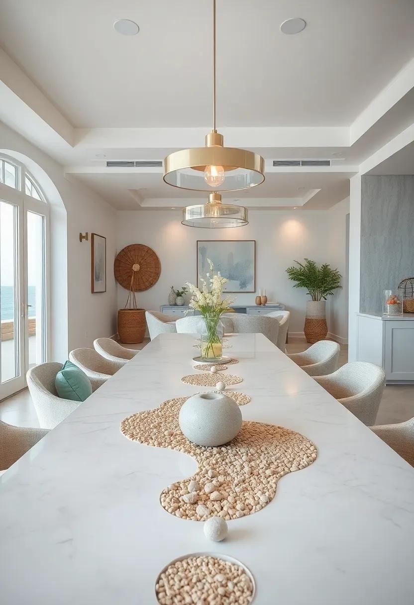 Subtle Sand and Pebble Textures Embedded in Table Surfaces Evoking the Touch of the Seashore