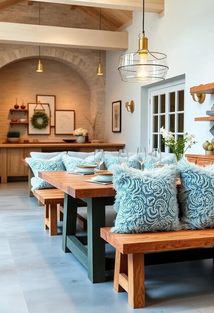 Light Blue Shaggy Throw Pillows Nestled on Casual Wooden Benches Inviting Cozy Coastal Gatherings