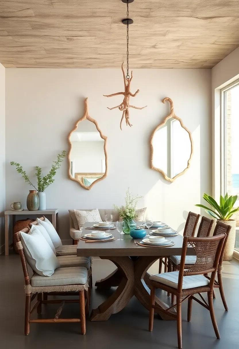 Delicate Driftwood Mirrors Hung to Reflect Natural Light and Expand the Beachside Dining Space