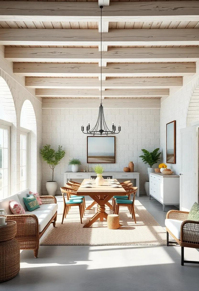 Whitewashed Wood Beams Framing the Ceiling Evoking the Airy Feel of Old Beach Cottages