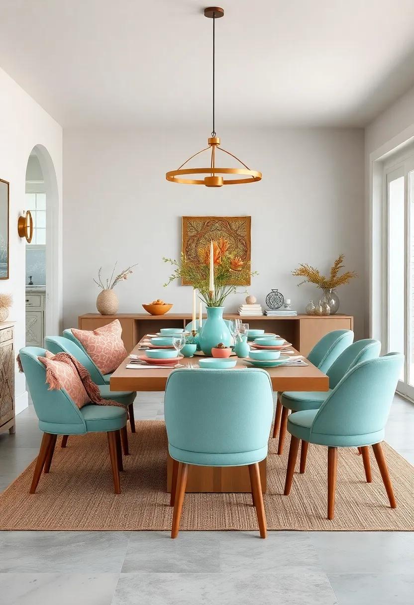 Mix of Matte and Glossy Ceramics in Seafoam and Coral Shades Creating Playful Dinnerware Contrasts