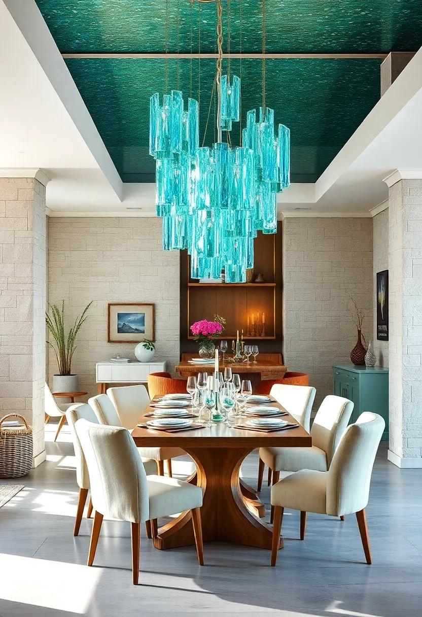 Sea Glass Chandeliers Reflecting Light Through Prisms Creating a Sparkling Underwater Atmosphere