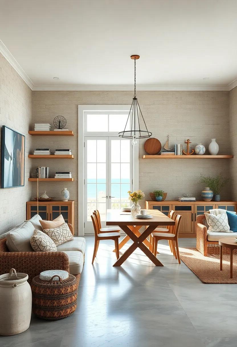 Open Shelving Displaying Curated Coastal Books and Nautical Trinkets Adding Character to the Room