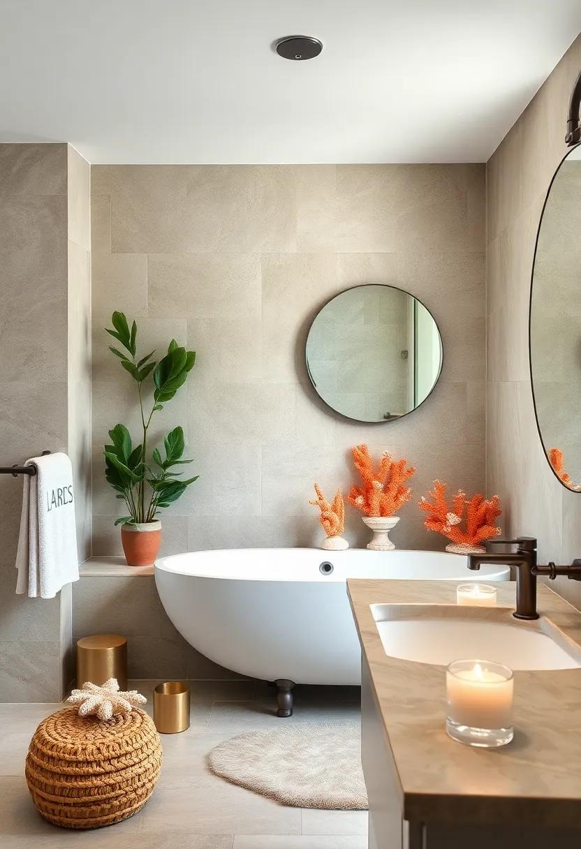 Artful Display of Coral Sculptures Alongside Industrial Metal Bath Accessories