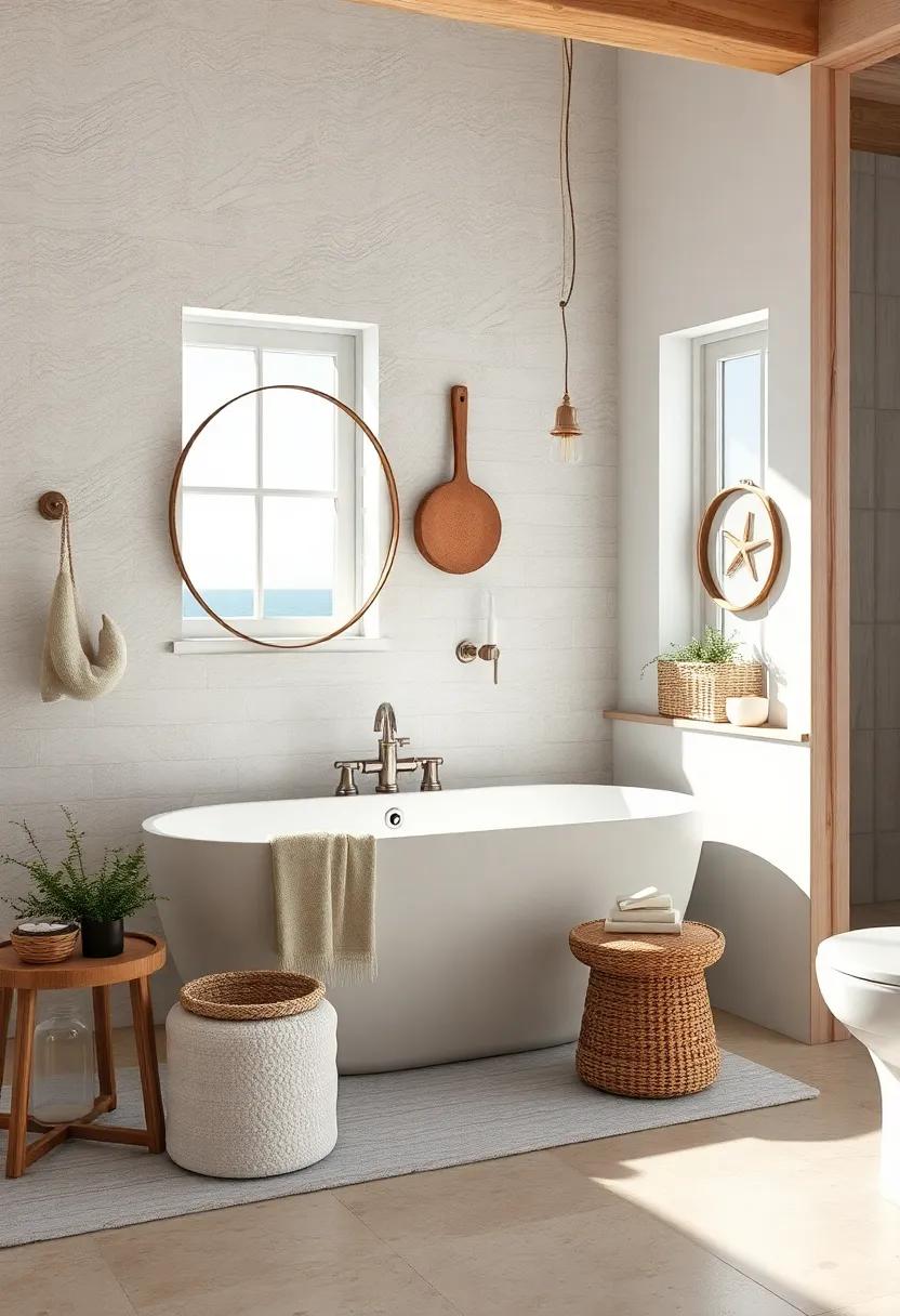 Cozy Nautical Layers Merging Soft Pastels with Weathered Wood in a Seaside Bathroom Sanctuary