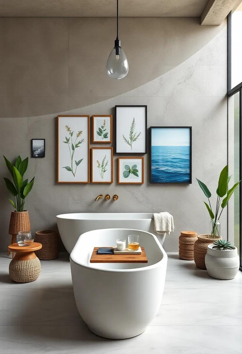 A Gallery Wall Featuring Botanical Prints and Ocean Photography in Mixed Frames