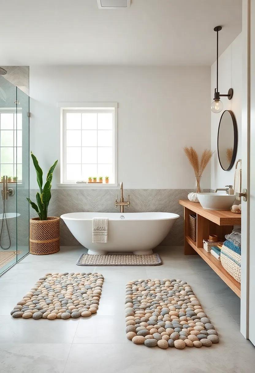 Natural Fiber Rugs Combined with Smooth Pebble Bath Mats for Grounded Coastal Comfort