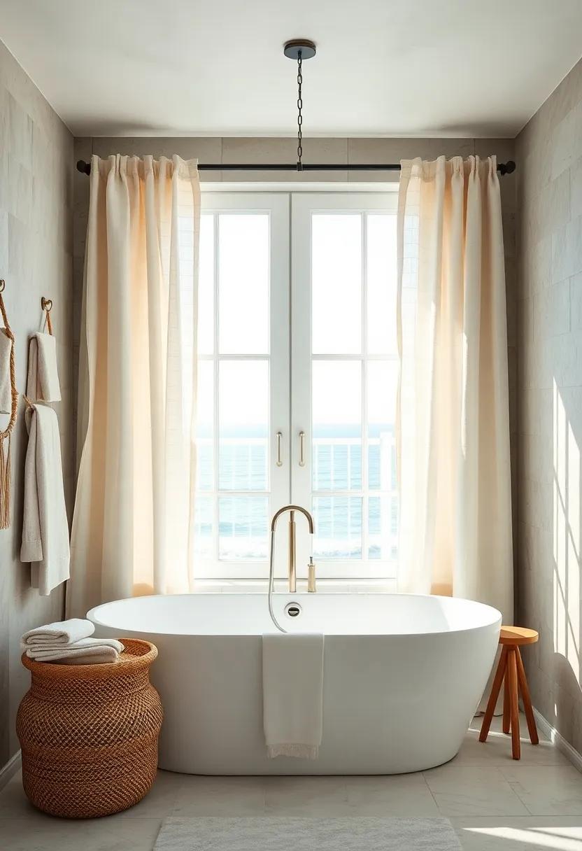 Organic Linen Curtains Flowing Gently in a Breeze, Framing Ocean-Inspired Bathroom Windows