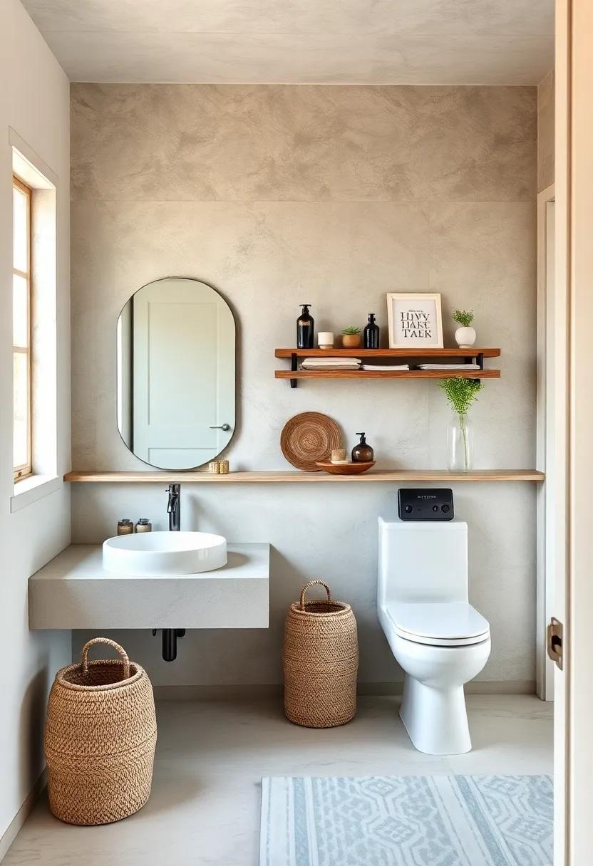 Rustic Driftwood Shelving Paired with Sleek Modern Fixtures for Unexpected Bathroom Charm
