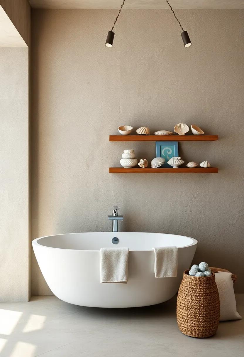 Seashell Collections Arranged on Floating Shelves Against Textured Stone Walls