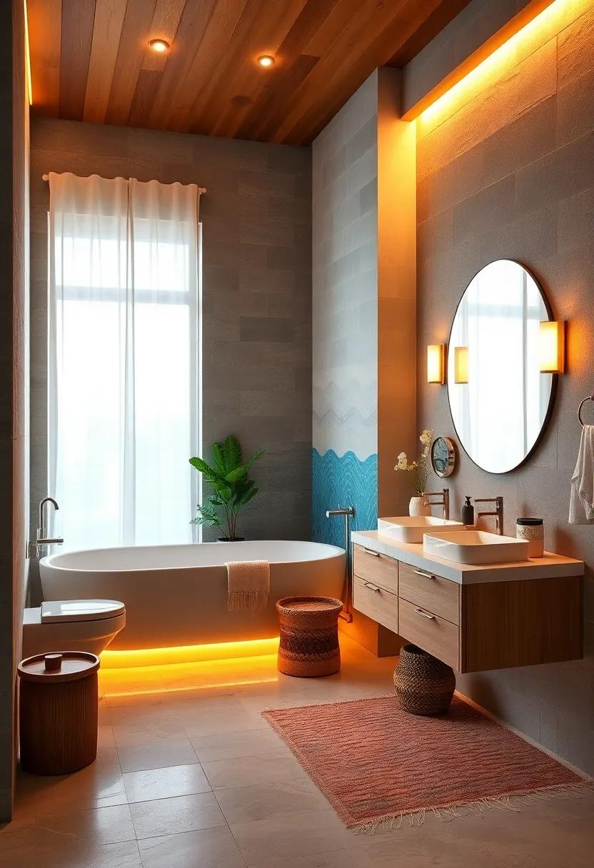 Soft Amber Lighting Enhancing Warm Wood Tones and Ocean Breeze Patterns in an Eclectic Space