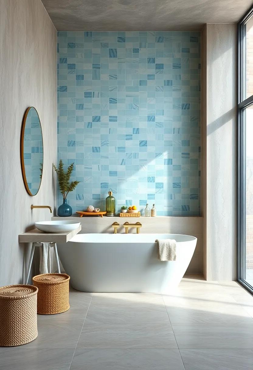 Translucent Blue and Sandy Beige Tiles Crafting a Serene Coastal Mosaic Wall