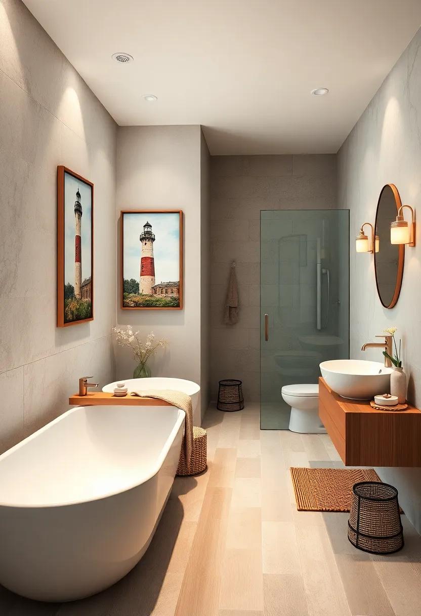 Vintage Lighthouse Prints Contrasted with Contemporary Minimalist Bath Fittings