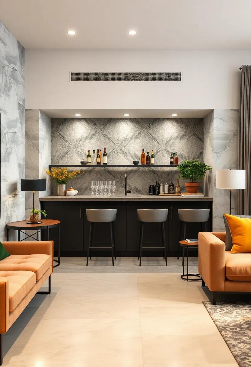 Coordinating Patterned Backsplashes to Complement and Define Small Bar Spaces Artistically