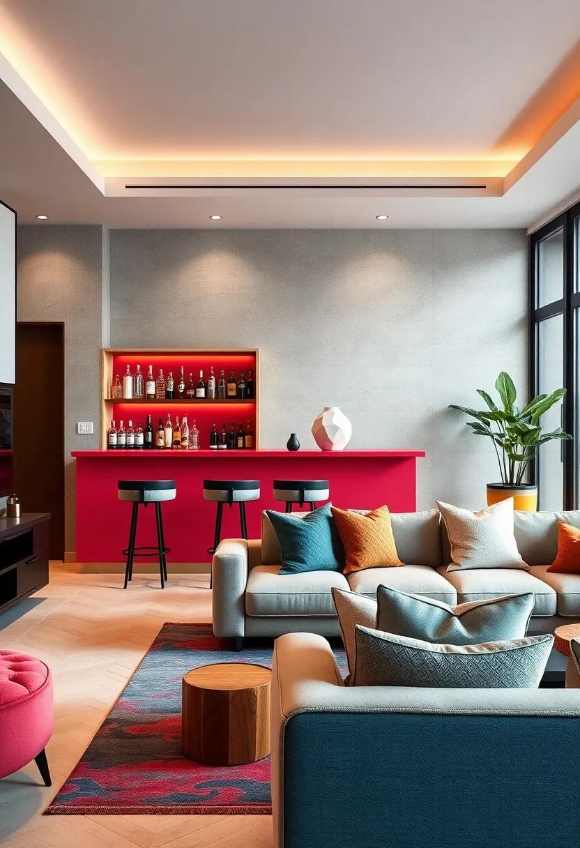 Utilizing Color-Blocking on Walls and Furniture to Define the Living Room Bar Area With Flair