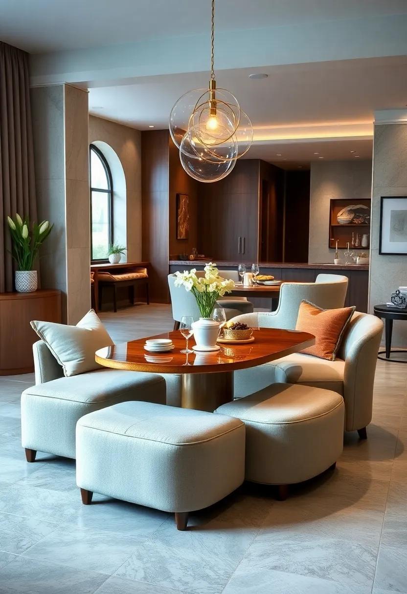 The Ottoman Dining Set: Offering dual functionality, these plush ottomans⁢ provide⁤ extra seating and can be topped with ​a removable surface to‍ create a dining area
