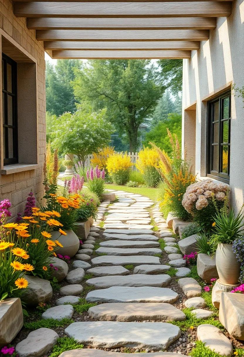 A Charming Winding Path of Natural Stones Leading Through a Lush Wildflower Garden With Wild Bees and Butterflies