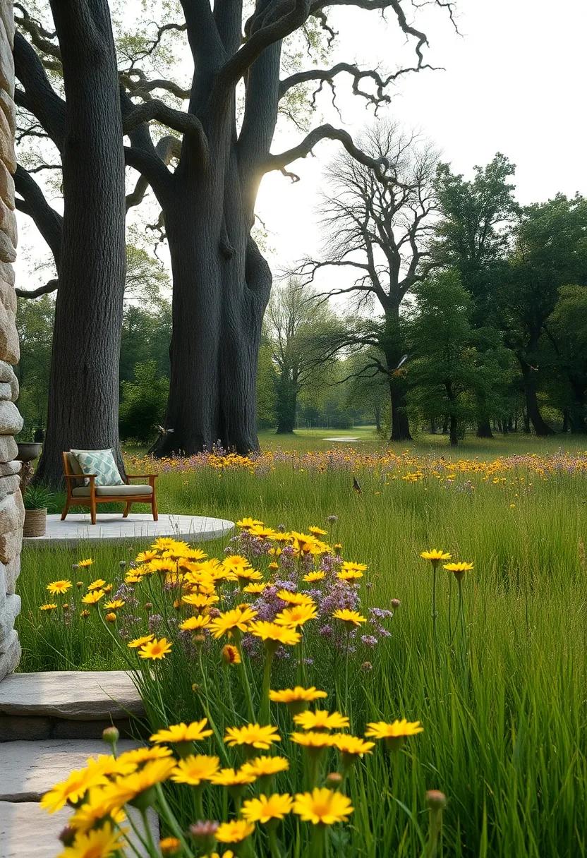 Butterflies Hovering Over Bright Yellow and Purple Wildflower Clusters in a Quiet Meadow Surrounded by Ancient Trees