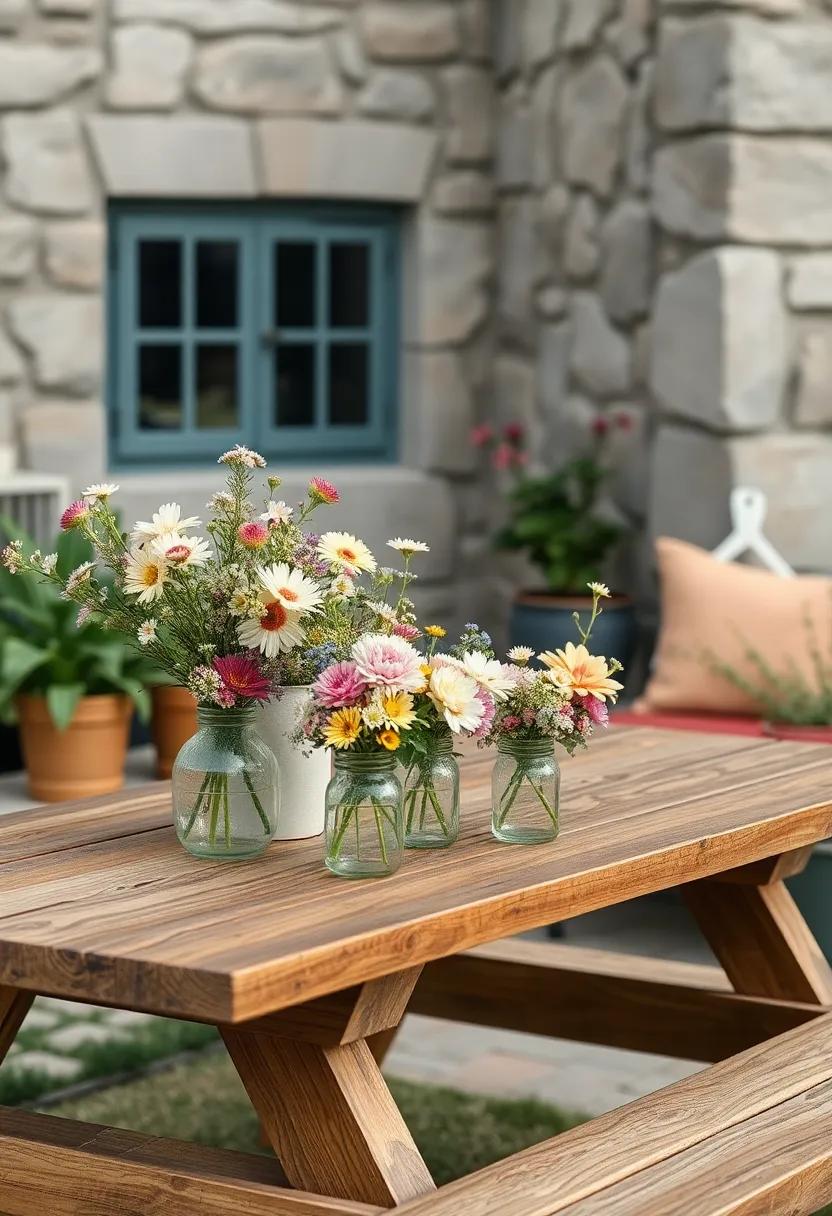 Soft Pastel Tones of Wildflower Bouquets Arranged in Mason Jars Scattered on a Rustic Wooden Picnic Table