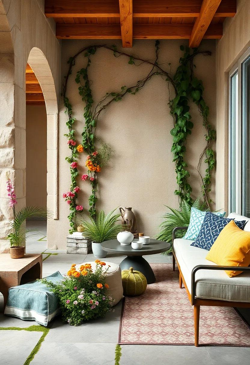 The Whimsical Contrast of Bright Wildflower Clusters Growing Alongside Twisting Ivy and Mossy Rocks