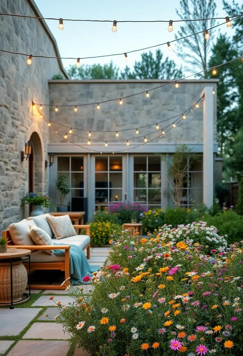 Delicate String Lights Hung Above a Wildflower Garden Creating a Magical Evening Ambiance in a Country Setting