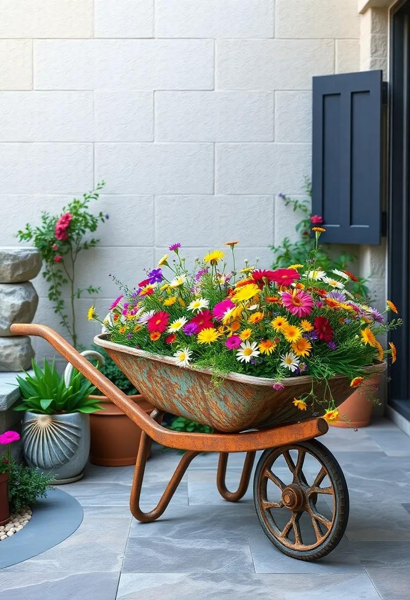 An Old Rusty Wheelbarrow Overflowing With a Rainbow of Wildflowers in a Peaceful Garden Corner