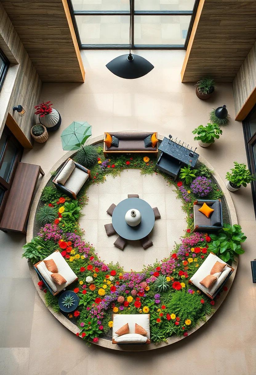 Overhead View of a Circular Wildflower Garden Designed Like a Floral Mandala Radiating Cottagecore Beauty