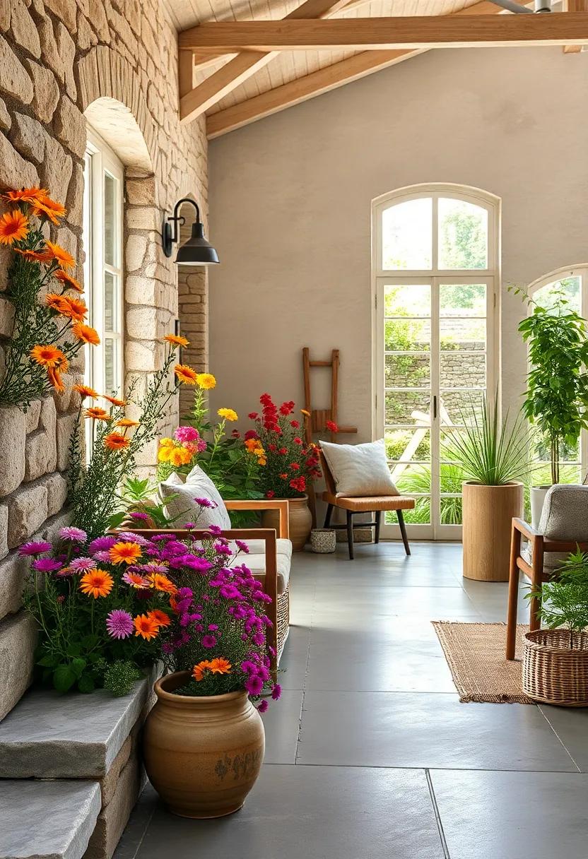 Sun-Kissed Wildflower Clusters Nestled Near a Weathered Stone Wall Encapsulating Rustic Country Beauty