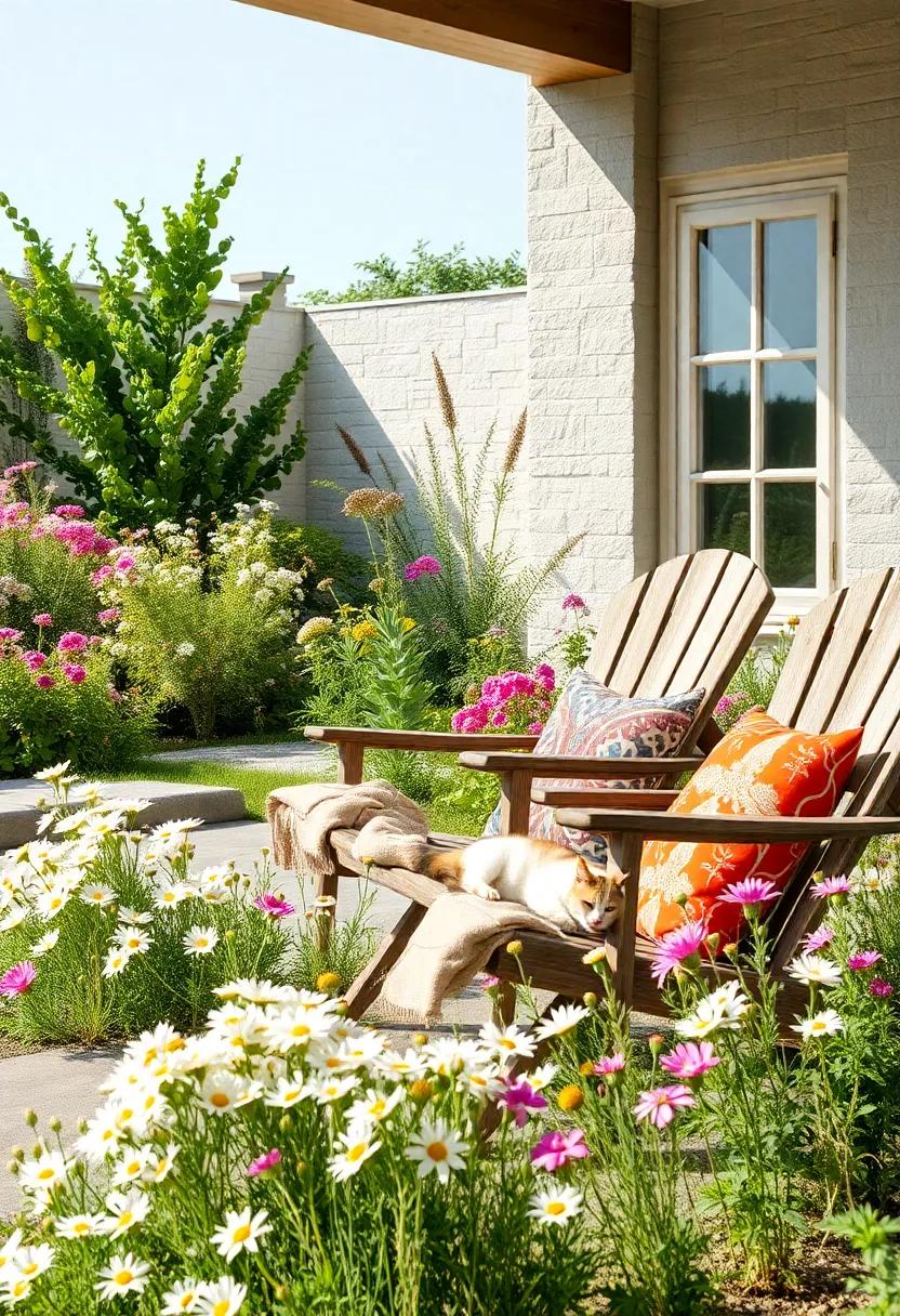 Clusters of Soft White and Pink Wildflowers Creating a Dreamlike Landscape Beside a Sleeping Cat on Weathered Lawn Chairs