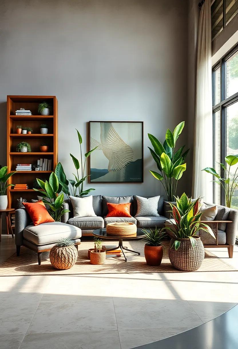 Interweaving Spiky Bromeliads with Rustic Bookcases for Playful Living Room Accents