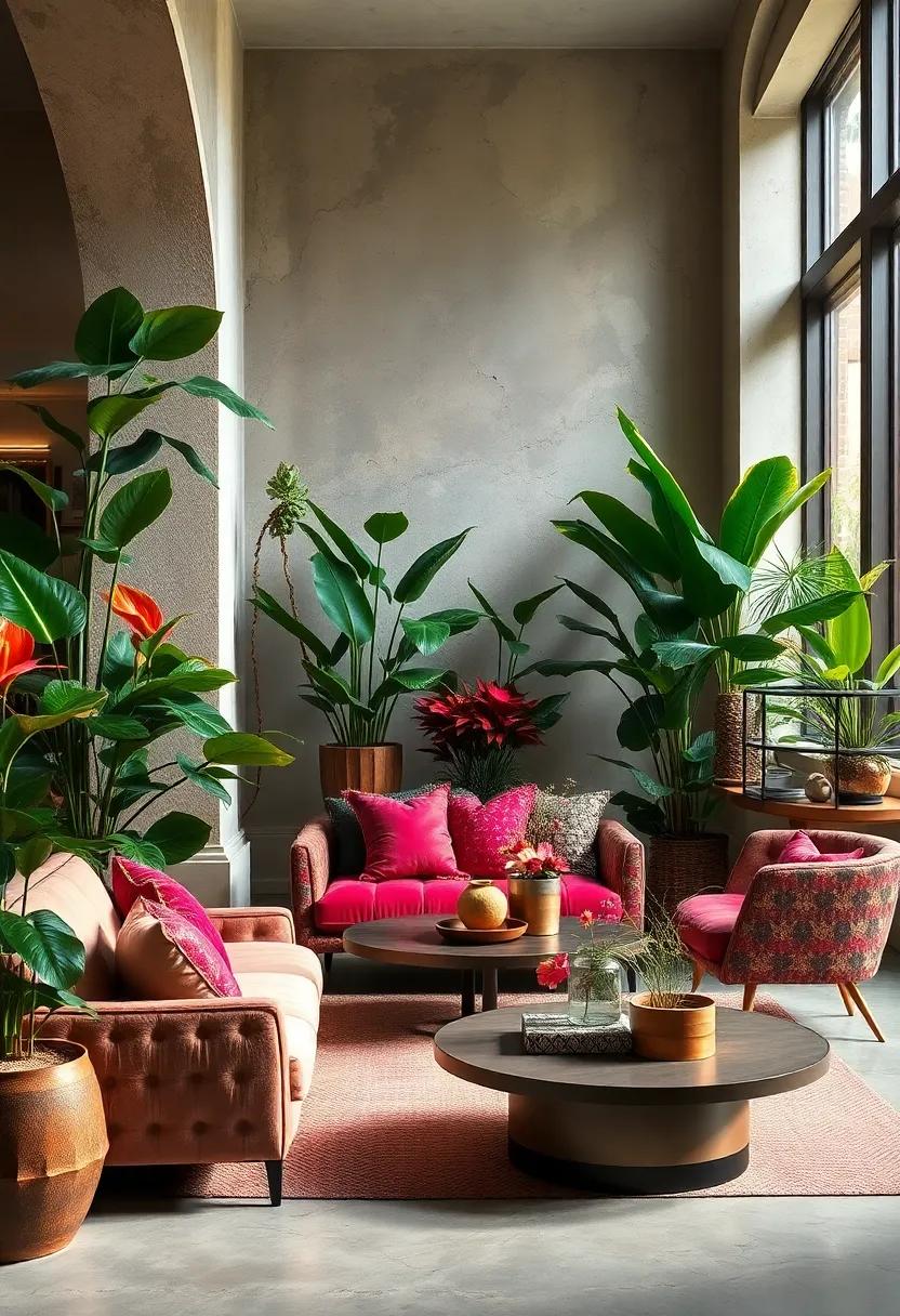 Vivid Anthuriums Nestled Among Velvet Upholstery for Rich Indoor Jungle Scenes