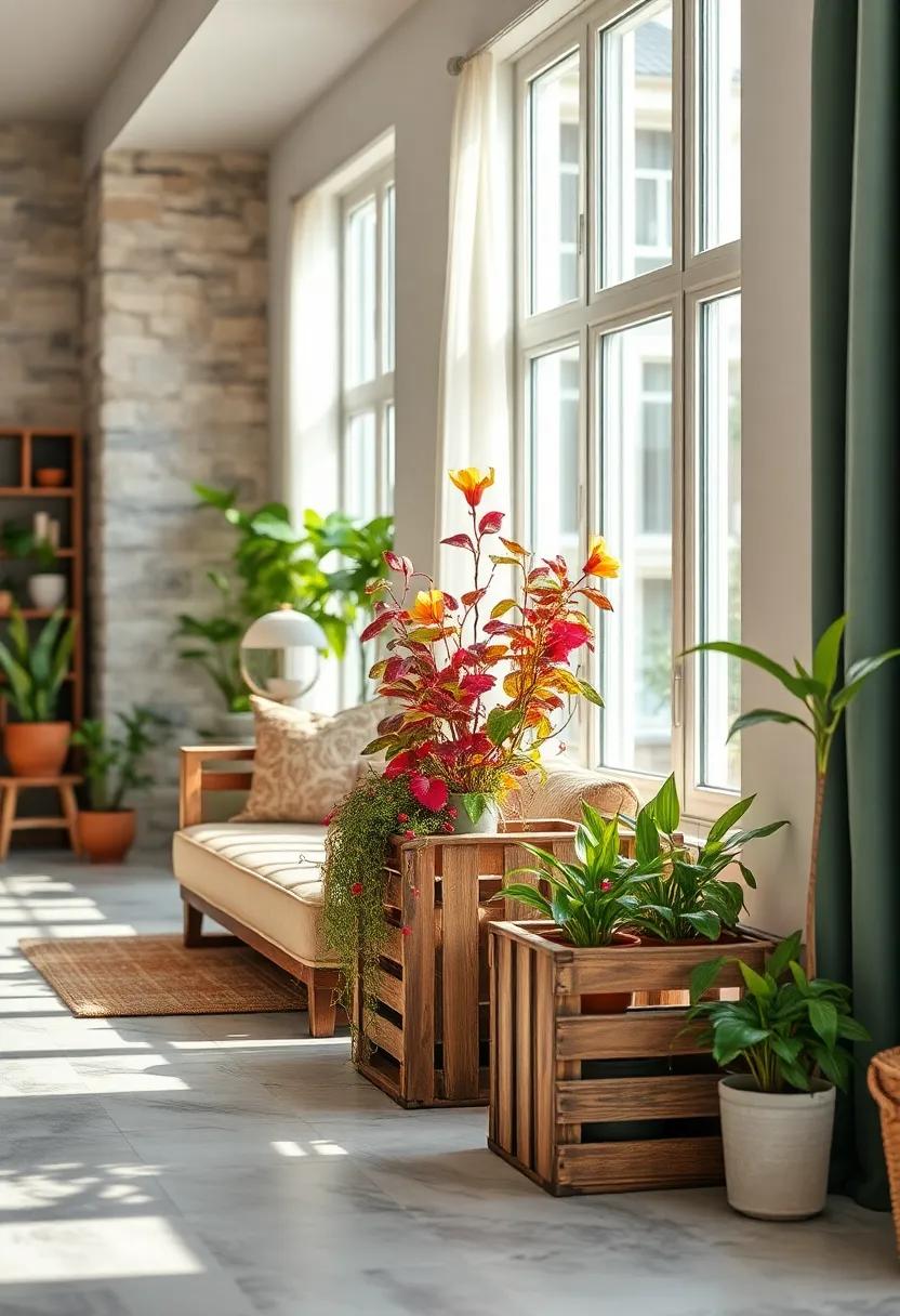 Colorful Vines Threaded Through Vintage Wooden Crates Creating Rustic Plant Pods