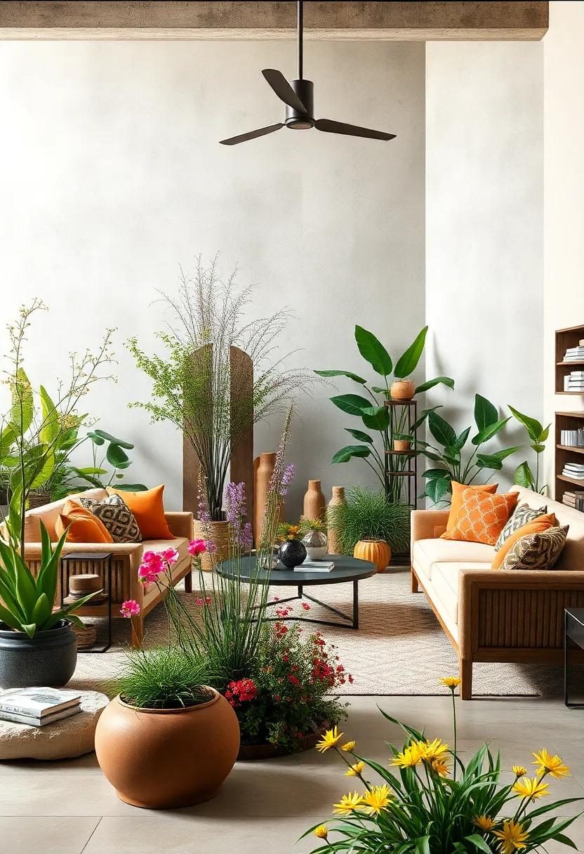 Vibrant Wildflowers Weaving Through Abstract Metal Sculptures in Urban Gardens