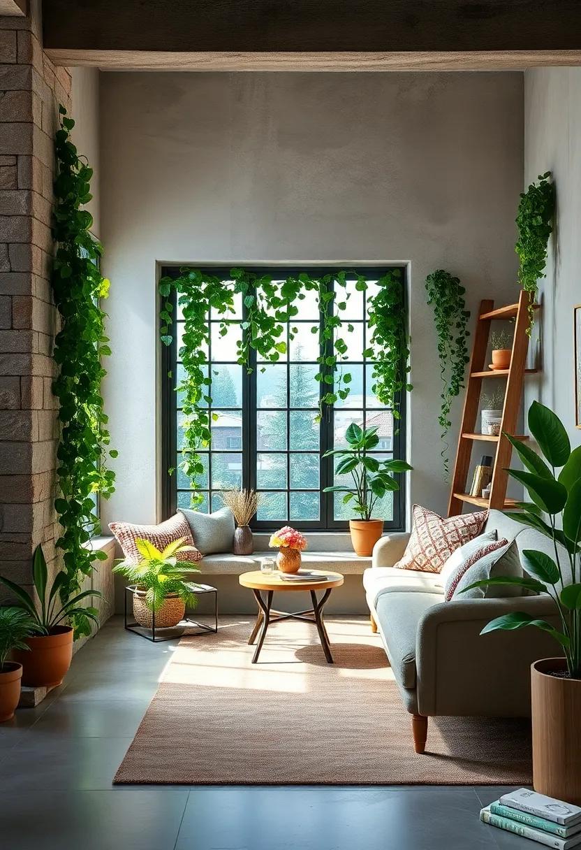 Lush Ivy Cascading Along Rustic Wooden Ladders for Cozy Window Nooks