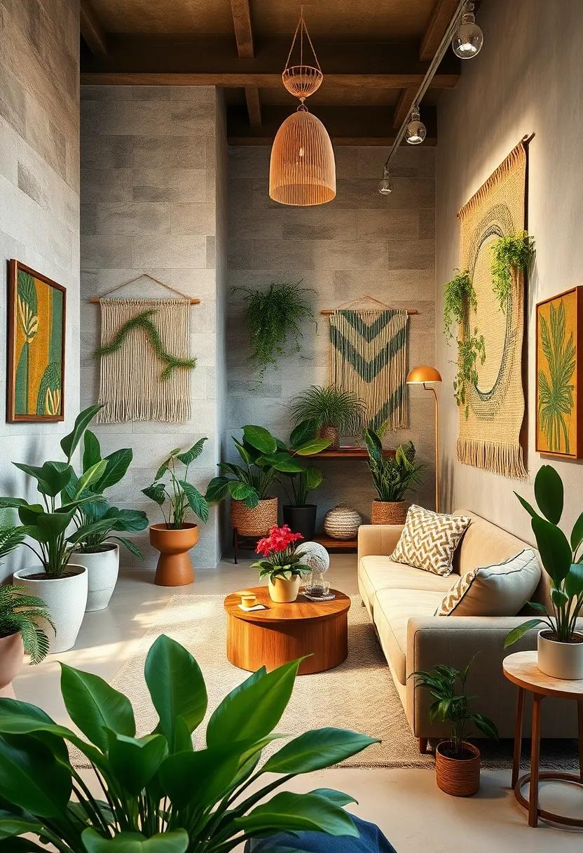 Diverse Plant Species Interlaced with Handwoven Textile Art on Gallery Walls