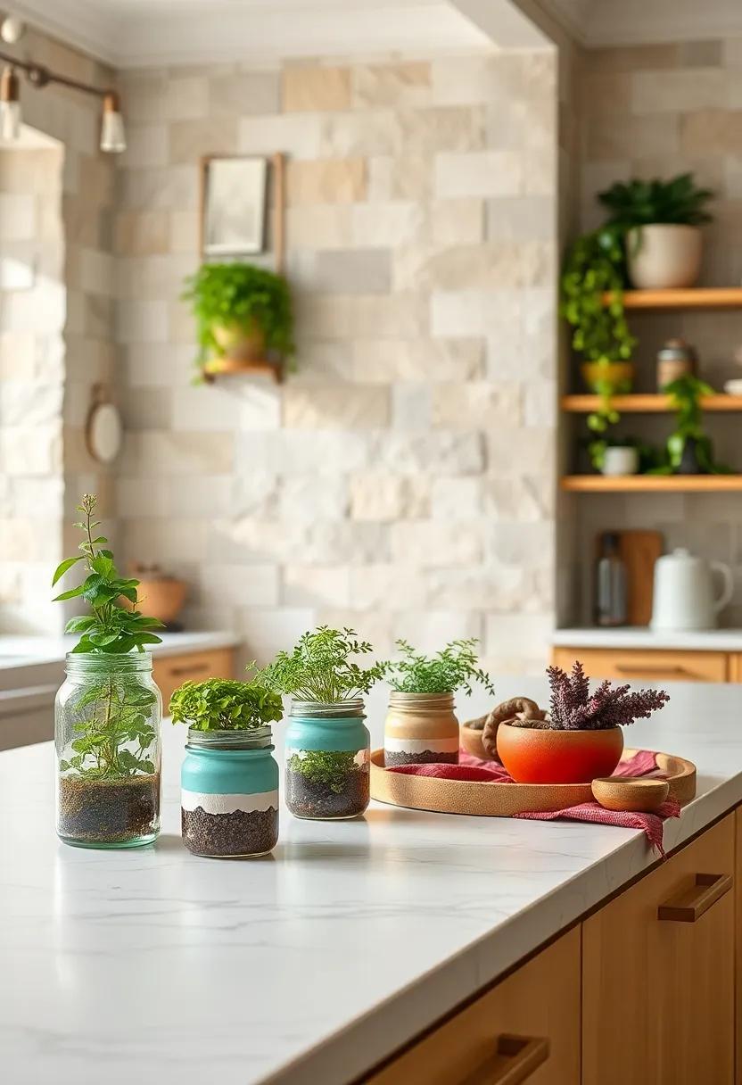Miniature Herb Gardens Integrated into Painted Mason Jars for Bright Kitchen Counters