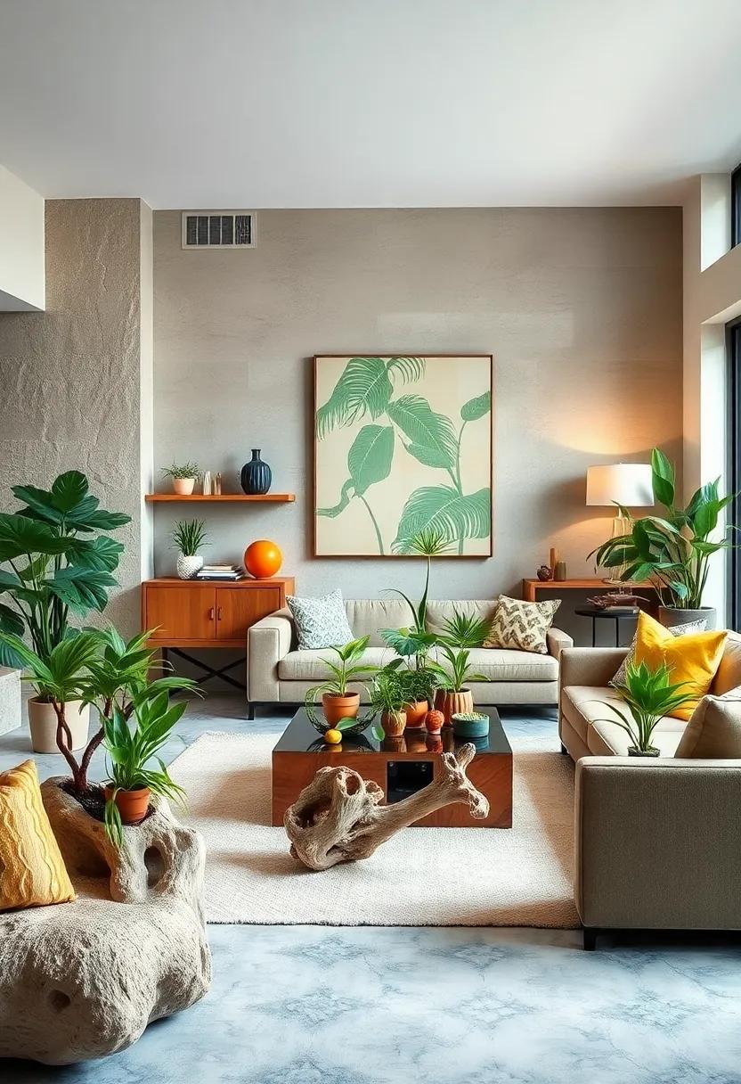 Epiphytic Plants Sprouting From Driftwood Sculptures in Coastal-Themed Living Rooms